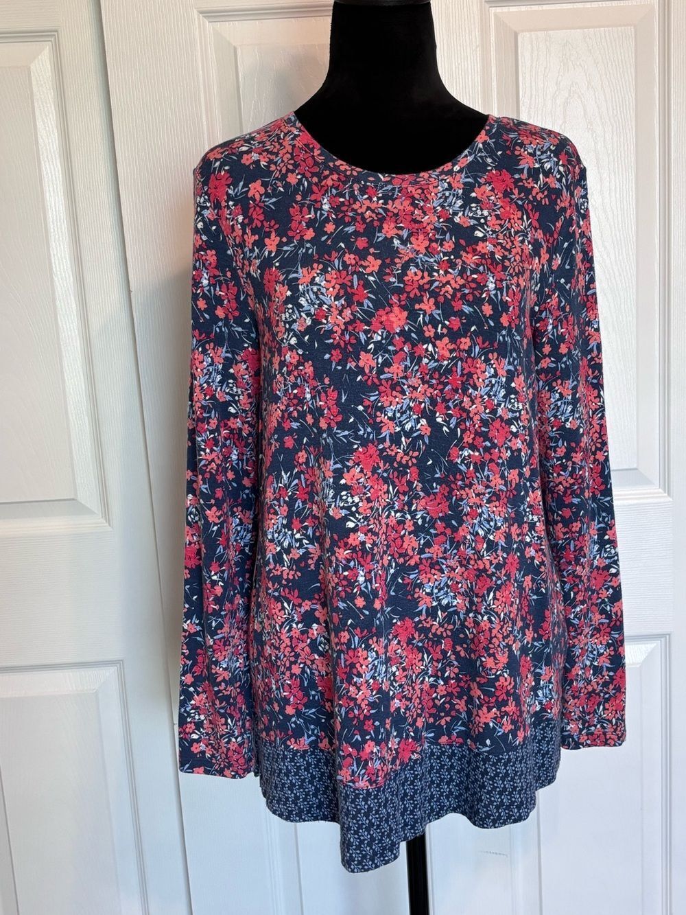 J. Jill Navy Coral Pink Floral Print Long Sleeve Stretch Tunic Top Women's Small